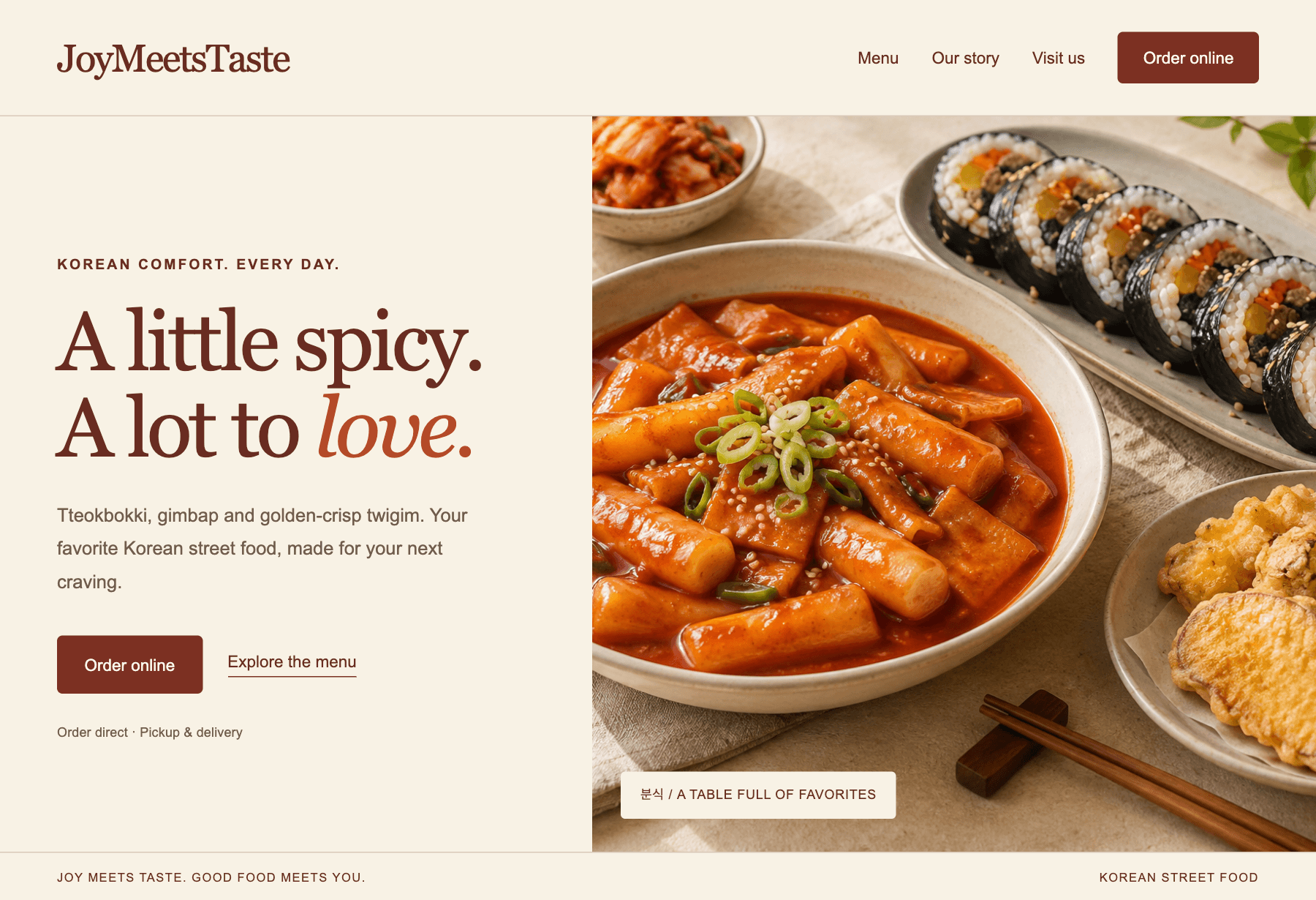 JoyMeetsTaste Korean street-food website hero with tteokbokki, gimbap and twigim